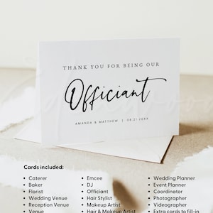 May include: Thank you card for an officiant, with the text "Thank you for being our Officiant" and the names Amanda & Matthew and the date 08.21.20XX. The card lists other vendors that may need thank you cards, such as caterer, baker, florist, wedding venue, reception venue, venue, wedding band, emcee, DJ, hair stylist, makeup artist, hair & makeup artist, day of coordinator, wedding planner, event planner, coordinator, photographer, videographer, and extra cards to fill in with other vendors.
