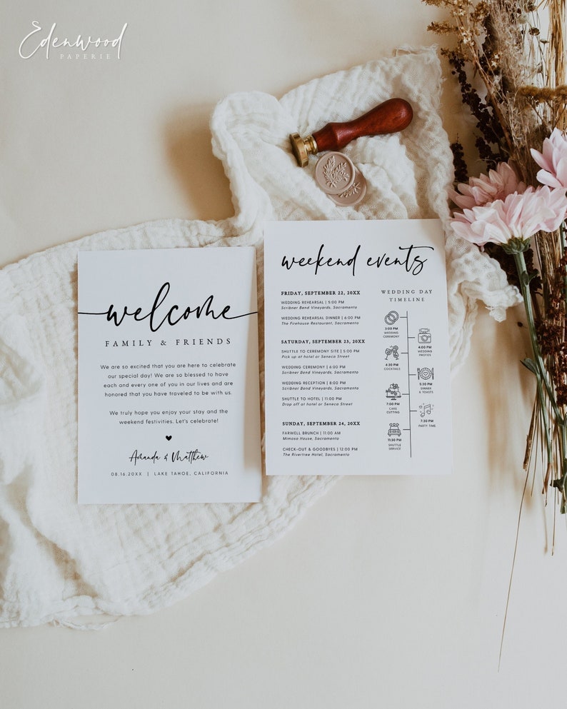 May include: A black and white wedding welcome sign with the text "Welcome Family & Friends" and the date "08.14.2028" and location "Lake Tahoe, California". A black and white wedding weekend events timeline with the dates "September 22, 20XX", "September 21, 20XX", and "September 24, 20XX".