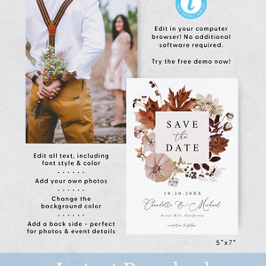 May include: A printable save the date card with an autumnal theme. The card features a watercolour illustration of leaves, flowers, and pumpkins in shades of brown, orange, and cream. The text "Save the Date" is in a white box with a brown border. The date "10.20.20XX" is printed below the text, along with the names "Charlotte & Michael" and the location "Forest Hill, California". The card is 5 inches by 7 inches.