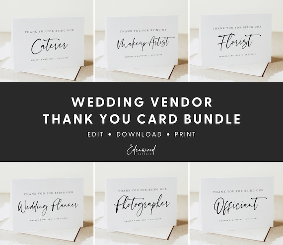 Wedding Vendor Thank You Cards, Wedding Photographer Thank You Card, Card for Wedding Planner, Florist, Officiant, Wedding Band, Templett
