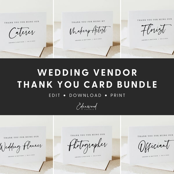 Wedding Vendor Thank You Cards, Wedding Photographer Thank You Card, Card for Wedding Planner, Florist, Officiant, Wedding Band, Templett