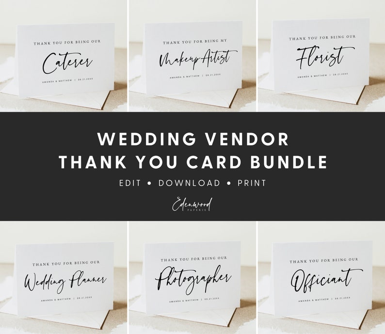 May include: Set of six printable thank you cards for wedding vendors. The cards are white with black text and feature the words "Caterer", "Makeup Artist", "Florist", "Wedding Planner", "Photographer", and "Officiant".