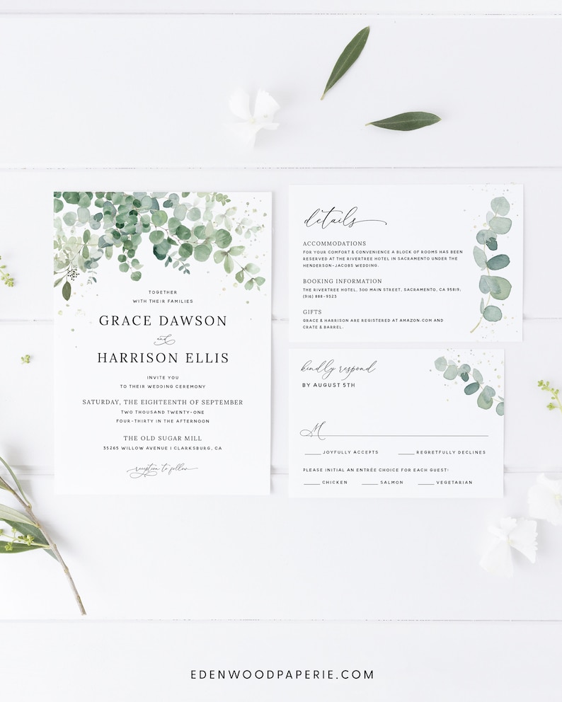 Eucalyptus Wedding Invitation Template, Greenery Wedding Printable Invitation Set, Bohemian Wedding Invitation Suite Instant Download, 002 image 1