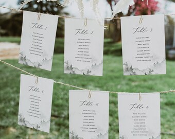 Mountain Wedding Seating Chart Cards, Forest Wedding Seating Template, Colorado Wedding Seating Table Cards, Instant Download, Templett #022