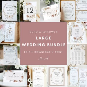Wildflower Wedding Invitation Bundle, Boho Wedding Invitation Template Set, Printable Wedding Sign Bundle, Instant Download, Templett, #008