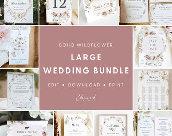 Wildflower Wedding Invitation Bundle, Boho Wedding Invitation Template Set, Printable Wedding Sign Bundle, Instant Download, Templett, #008