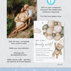 Puede incluir: Una invitaci&oacute;n de baby shower editable con un lindo osito de peluche sosteniendo globos. La invitaci&oacute;n tiene un esquema de color marr&oacute;n claro y verde con un fondo de nubes. El texto de la invitaci&oacute;n dice "We can barely wait!" e incluye los nombres Natasha & Mark Campbell. La invitaci&oacute;n mide 5 pulgadas por 7 pulgadas.