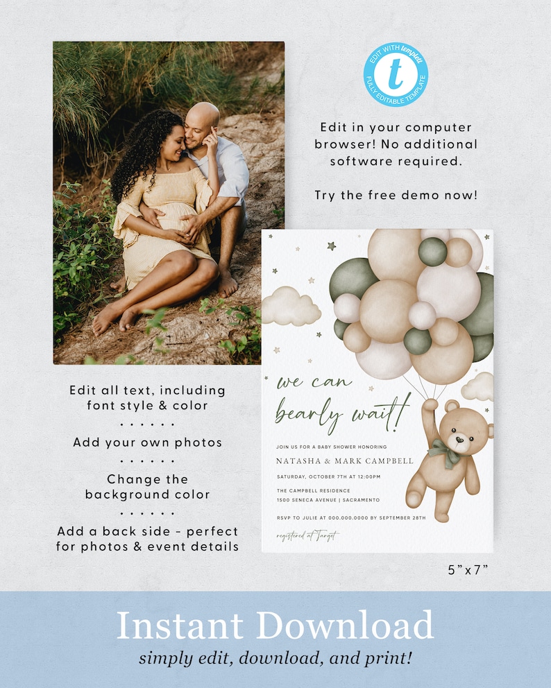 Puede incluir: Una invitaci&oacute;n de baby shower editable con un lindo osito de peluche sosteniendo globos. La invitaci&oacute;n tiene un esquema de color marr&oacute;n claro y verde con un fondo de nubes. El texto de la invitaci&oacute;n dice "We can barely wait!" e incluye los nombres Natasha & Mark Campbell. La invitaci&oacute;n mide 5 pulgadas por 7 pulgadas.