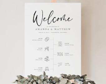 Minimalist Wedding Timeline Sign (18x24" & 24x36"), Wedding Program Sign Template, Printable Order of Events Sign, Editable, Templett, #016