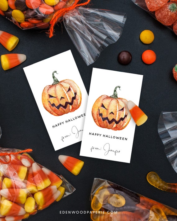 Pumpkin Halloween Tags for Kids, Jack-o-Lantern Halloween Treat Tag, Printable Halloween Gift Tag Download, Editable Halloween Tag, Templett