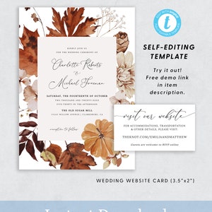 K&ouml;nnte beinhalten: Eine druckbare Hochzeitseinladung mit Herbstthema. Die Einladung zeigt eine Aquarell-Illustration von Herbstbl&auml;ttern, K&uuml;rbissen und Blumen in Orange-, Braun- und Wei&szlig;t&ouml;nen. Der Text auf der Einladung lautet "Kindly join us for the wedding ceremony of Charlotte Roberts & Michael Freeman" und enth&auml;lt Datum, Uhrzeit und Ort der Hochzeit. Die Einladung enth&auml;lt auch einen Link zur Hochzeitswebsite des Paares.