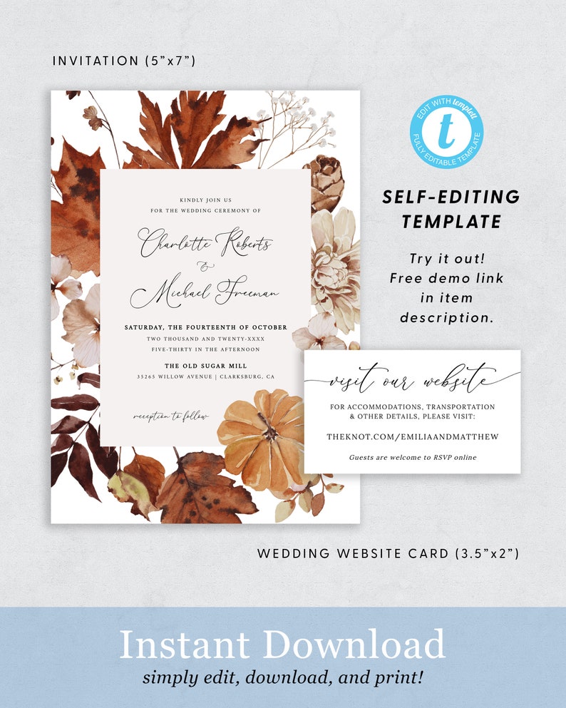 K&ouml;nnte beinhalten: Eine druckbare Hochzeitseinladung mit Herbstthema. Die Einladung zeigt eine Aquarell-Illustration von Herbstbl&auml;ttern, K&uuml;rbissen und Blumen in Orange-, Braun- und Wei&szlig;t&ouml;nen. Der Text auf der Einladung lautet "Kindly join us for the wedding ceremony of Charlotte Roberts & Michael Freeman" und enth&auml;lt Datum, Uhrzeit und Ort der Hochzeit. Die Einladung enth&auml;lt auch einen Link zur Hochzeitswebsite des Paares.