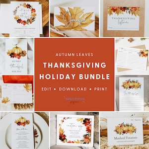 Thanksgiving Invitation Template Bundle, Thanksgiving Place Cards, Printable Friendsgiving Invitation, Thanksgiving Menu, Templett, #TG1