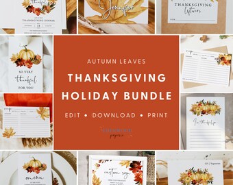 Thanksgiving Invitation Template Bundle, Thanksgiving Place Cards, Printable Friendsgiving Invitation, Thanksgiving Menu, Templett, #TG1