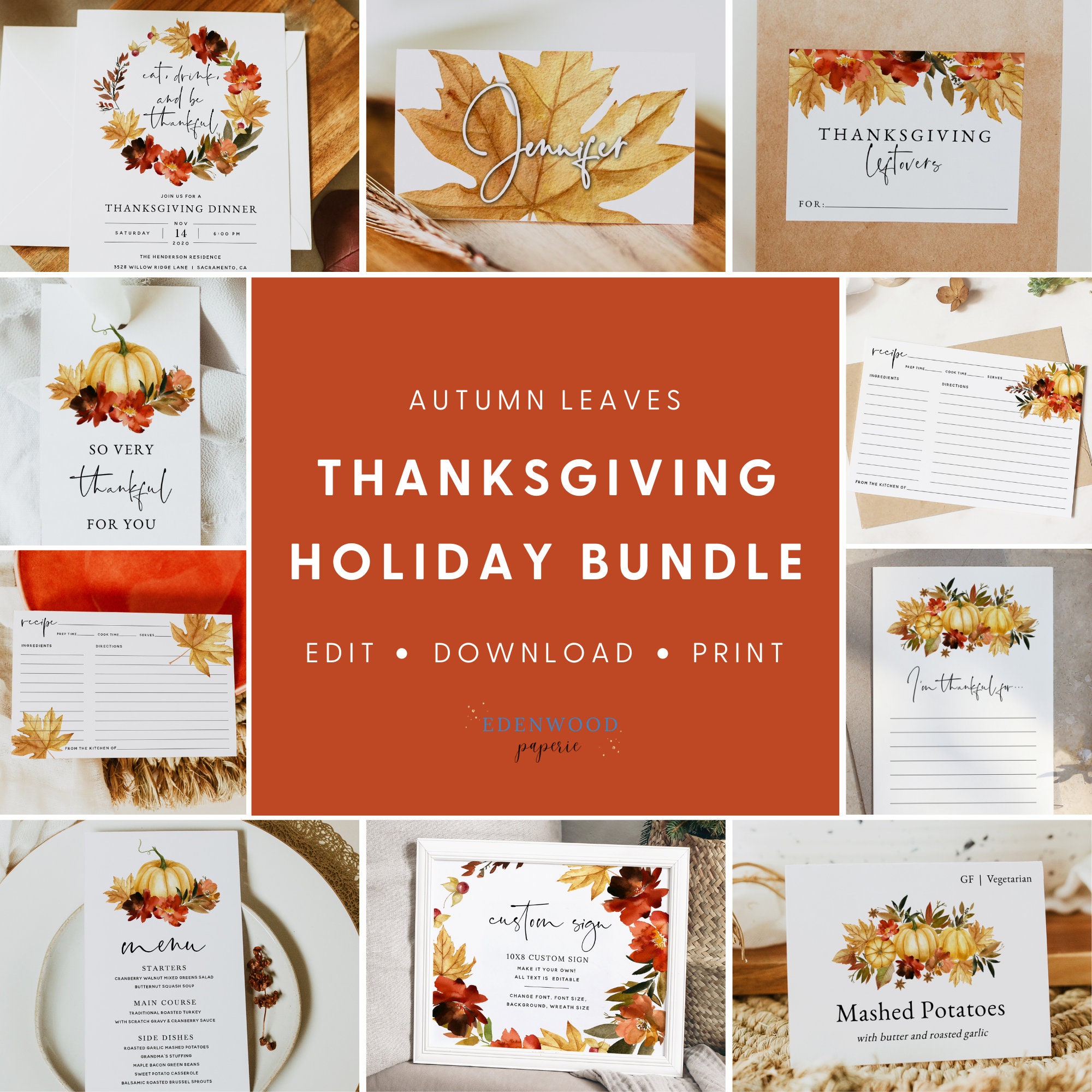 Thanksgiving Invitation Template Bundle, Thanksgiving Place Cards,  Printable Friendsgiving Invitation, Thanksgiving Menu, Templett, #TG23 For Thanksgiving Place Cards Template