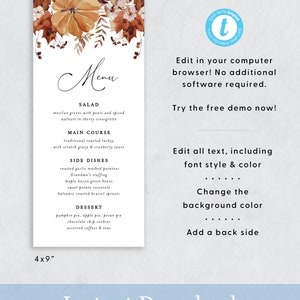 May include: A printable menu template with a fall theme. The menu features a watercolor illustration of autumn leaves and a handwritten menu with headings for salad, main course, side dishes, and dessert. The text "Edit with Templett Fully Editable Template" is in a circle at the top right corner of the image. The text "4x9" is at the bottom left corner of the image. The text "Instant Download simply edit, download, and print!" is at the bottom of the image.