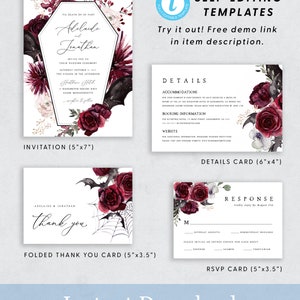 Pu&ograve; includere: Modelli stampabili per inviti di nozze, biglietti di ringraziamento e biglietti RSVP con un tema gotico di Halloween. I design presentano rose rosso scuro, pipistrelli e ragnatele. Il testo sull'invito recita "Tis death do us part, Adelaide & Jonathan". Il biglietto di ringraziamento dice "Adelaide & Jonathan, thank you". Il biglietto RSVP ha un'opzione "Joyfully Accepts" e "Regretfully Declines" con una scelta di pollo, salmone o vegetariano per il pasto.