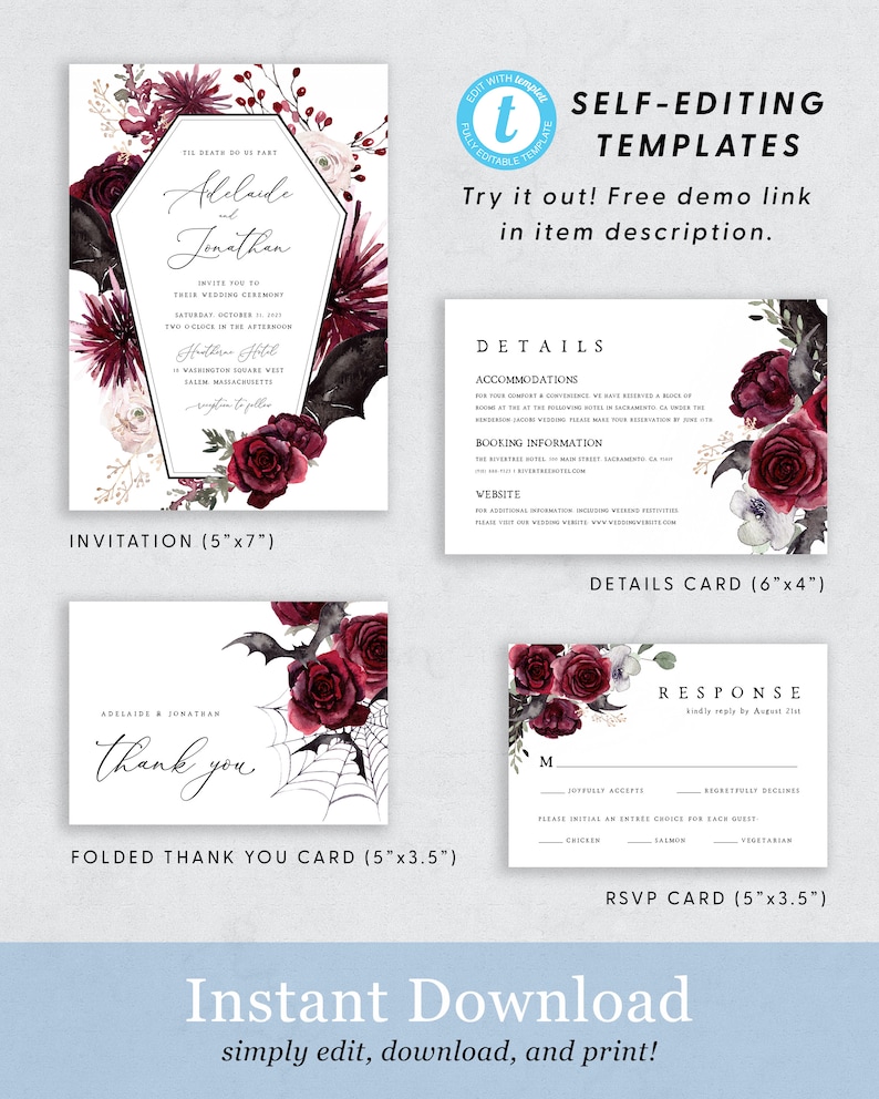 Pu&ograve; includere: Modelli stampabili per inviti di nozze, biglietti di ringraziamento e biglietti RSVP con un tema gotico di Halloween. I design presentano rose rosso scuro, pipistrelli e ragnatele. Il testo sull'invito recita "Tis death do us part, Adelaide & Jonathan". Il biglietto di ringraziamento dice "Adelaide & Jonathan, thank you". Il biglietto RSVP ha un'opzione "Joyfully Accepts" e "Regretfully Declines" con una scelta di pollo, salmone o vegetariano per il pasto.