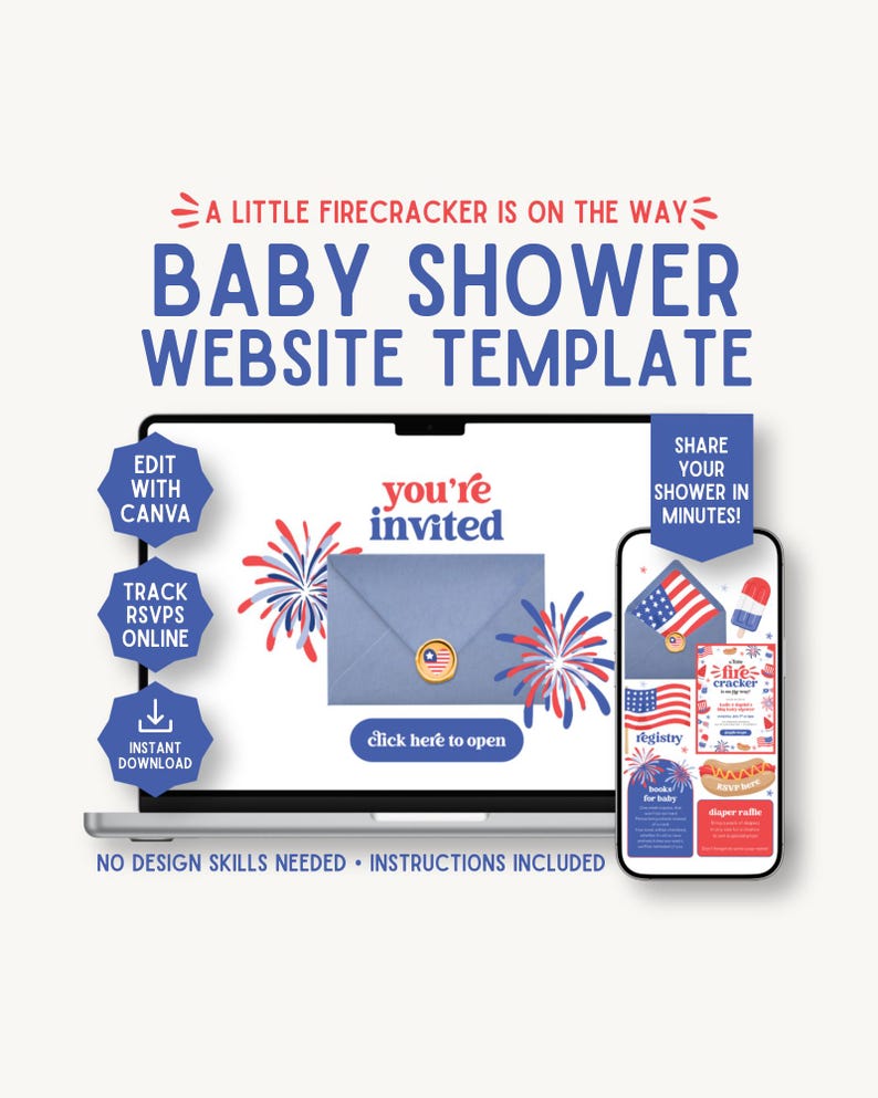 May include: A laptop and smartphone display a baby shower website template. The laptop screen shows a blue envelope with the text "you're invited" and fireworks. The smartphone displays registry and diaper raffle information. Text includes "Baby Shower Website Template".
