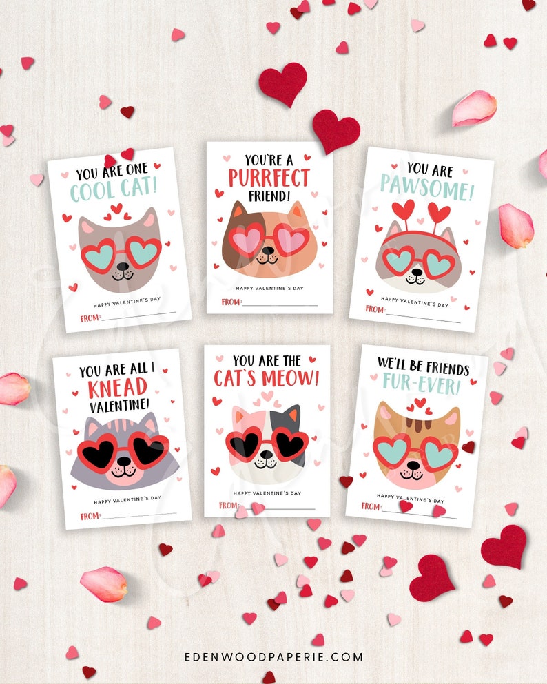 May include: Six printable Valentine's Day cards featuring cute cats wearing heart-shaped sunglasses. Each card has a different punny message, such as "You are one cool cat!" and "You are the cat's meow!"