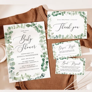 Eucalyptus Baby Shower Invitation Template, Printable Baby Shower Invitation Bundle, Diaper Raffle & Books for Baby, Templett, #04B
