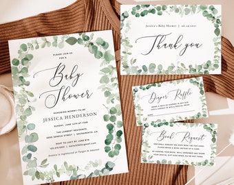 May include: A set of printable baby shower invitations with a eucalyptus wreath design. The invitation includes the text "Please join us for a Baby Shower honoring Mommy-to-be Jessica Henderson". The invitation also includes the date, time, and location of the shower. The thank you card features a similar design with the text "Thank you". The diaper raffle card features the text "Diaper Raffle" and the book request card features the text "Book Request".