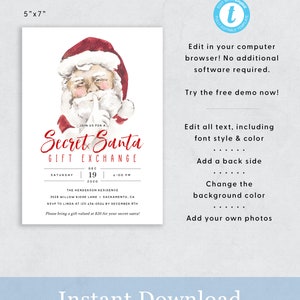 May include: A printable 5x7 inch invitation for a Secret Santa gift exchange. The invitation features a watercolor illustration of Santa Claus with his finger to his lips, and the text "Join us for a Secret Santa Gift Exchange". The invitation includes the date, time, and location of the event, as well as instructions for RSVP and gift exchange.