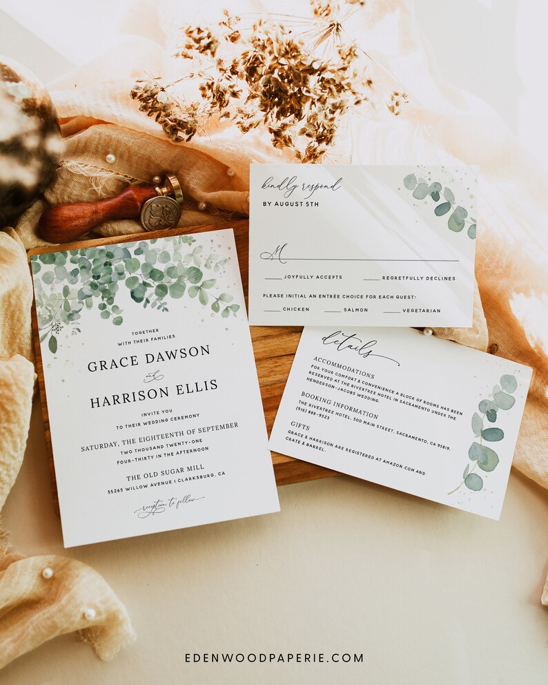 Eucalyptus Wedding Invitation Template, Greenery Wedding Printable Invitation Set, Bohemian Wedding Invitation Suite Instant Download, 002 image 8