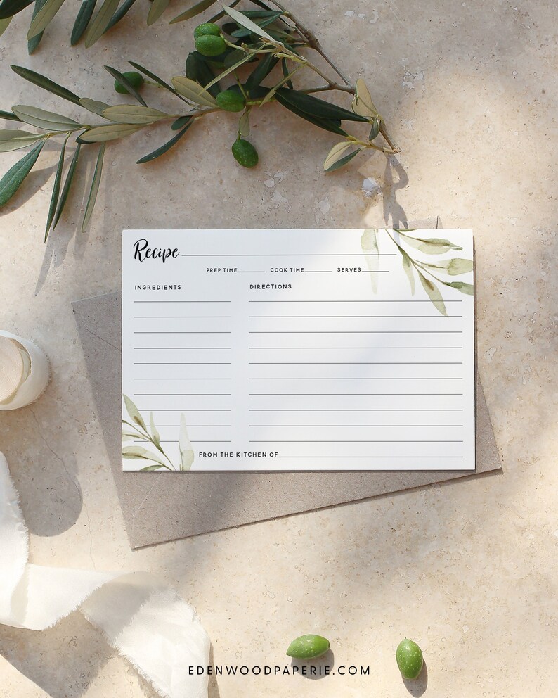 May include: A printable recipe card with a green watercolor leaf design. The card has sections for ingredients, directions, prep time, cook time, and serves. The text "From the kitchen of" is at the bottom of the card.