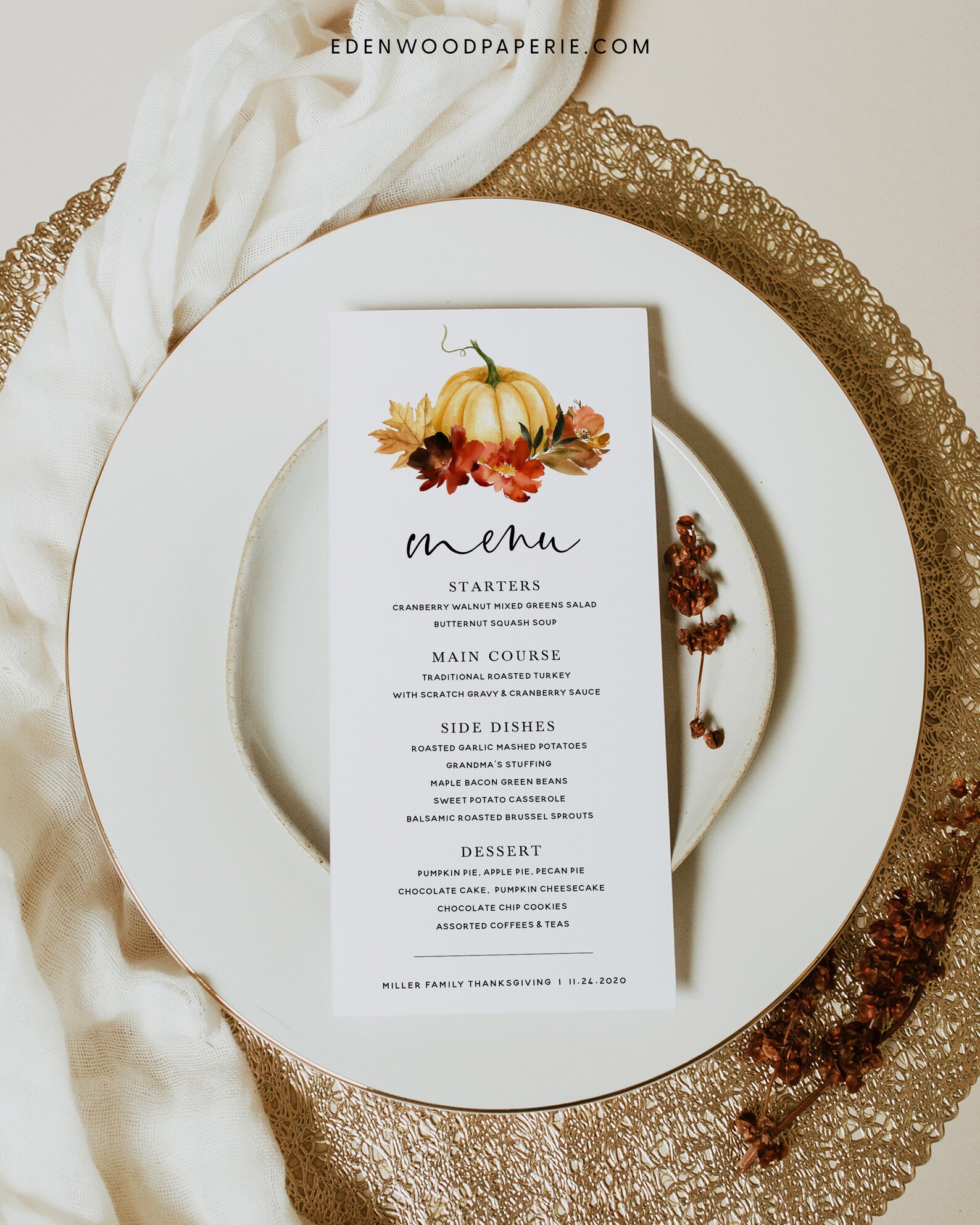 Thanksgiving Menu Card Template, Friendsgiving Menu Printable, Pumpkin ...