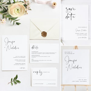 May include: Wedding invitation suite with white cardstock and black calligraphy. The save the date card says "Save the Date" with the wedding date and location. The invitation card says "Jennifer + Nicholas" and includes the wedding date and location. The RSVP card says "RSVP by August 15th" with options to accept or decline the invitation.