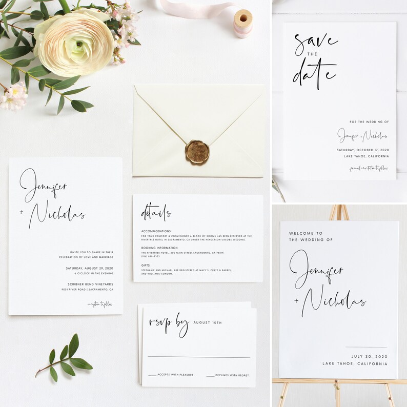 May include: Wedding invitation suite with white cardstock and black calligraphy. The save the date card says "Save the Date" with the wedding date and location. The invitation card says "Jennifer + Nicholas" and includes the wedding date and location. The RSVP card says "RSVP by August 15th" with options to accept or decline the invitation.