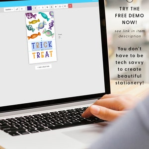 May include: A computer screen shows a design for a printable Halloween treat bag with colorful candy illustrations and the text "Trick or Treat". The screen is on a laptop computer with a hand typing on the keyboard. The text "Try the Free Demo Now!" is on the right side of the image.