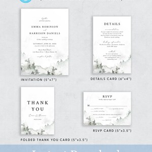 May include: A set of four printable wedding stationery templates with a watercolor mountain landscape design. The templates include an invitation, details card, RSVP card, and a folded thank you card. The invitation is 5 inches by 7 inches, the details card is 6 inches by 4 inches, the RSVP card is 5 inches by 3.5 inches, and the folded thank you card is 5 inches by 3.5 inches.