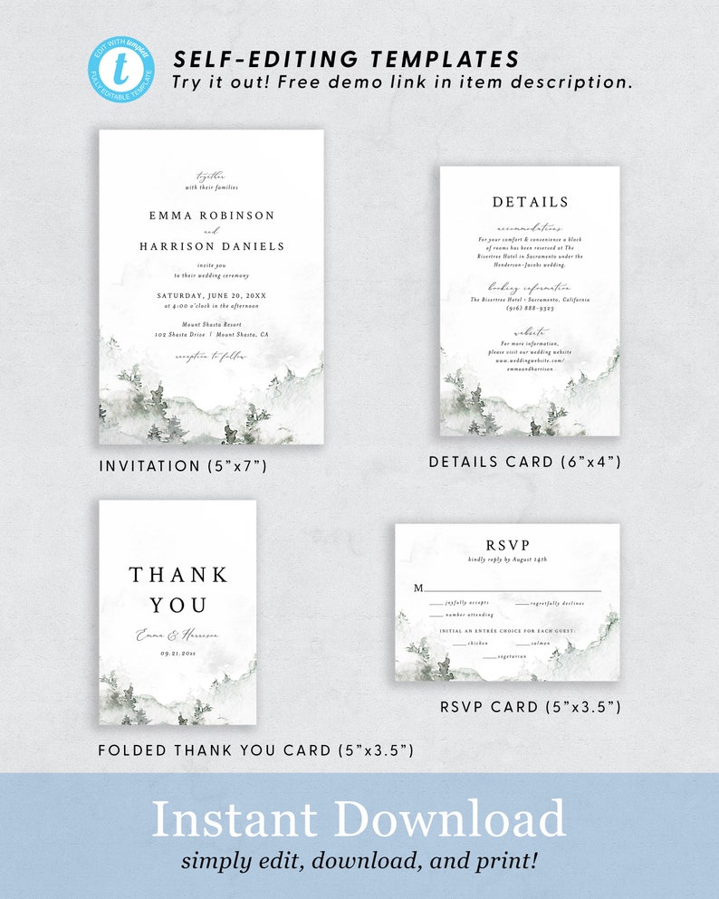 May include: A set of four printable wedding stationery templates with a watercolor mountain landscape design. The templates include an invitation, details card, RSVP card, and a folded thank you card. The invitation is 5 inches by 7 inches, the details card is 6 inches by 4 inches, the RSVP card is 5 inches by 3.5 inches, and the folded thank you card is 5 inches by 3.5 inches.