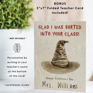 May include: A folded card with a graphic of a sorting hat from the Harry Potter series. The text on the card reads "Glad I was sorted into your class!" and "Happy Valentine's Day". The card is personalized with the name "Mrs. Williams".