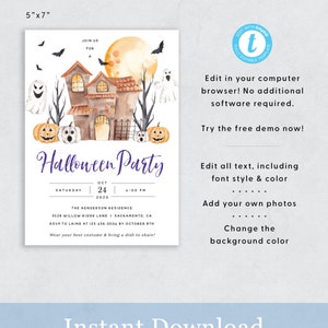 May include: Editable Halloween party invitation template with a watercolor illustration of a haunted house, a full moon, and ghosts. The text reads "Halloween Party" and includes details for the event, such as the date, time, and location. The invitation is 5 inches by 7 inches.