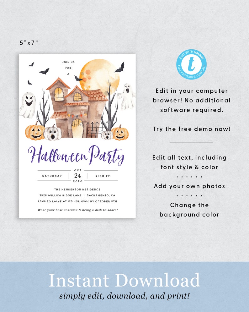 May include: Editable Halloween party invitation template with a watercolor illustration of a haunted house, a full moon, and ghosts. The text reads "Halloween Party" and includes details for the event, such as the date, time, and location. The invitation is 5 inches by 7 inches.