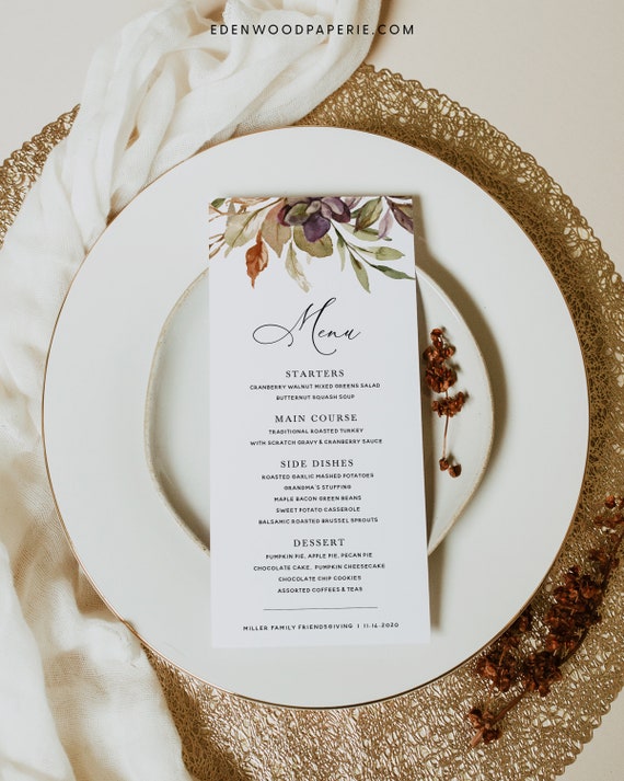 Thanksgiving Menu Card Template, Friendsgiving Menu Printable, Fall Greenery Thanksgiving Dinner Menu, Instant Download, Templett, #TG2