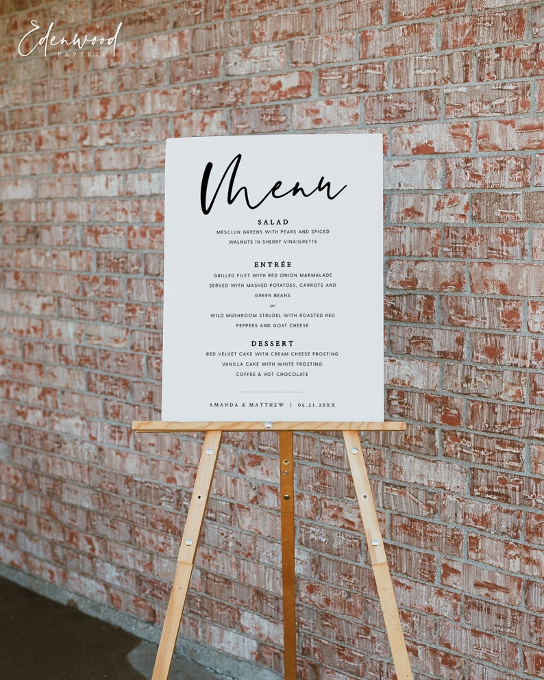 Wedding Menu Sign, Minimalist Wedding Menu Sign, Printable Wedding Menu Table Sign, Modern Wedding Dinner Menu Sign, Templett, 016 image 1