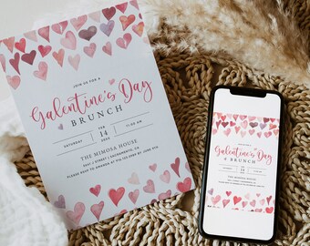 Galentines Day Brunch Invitation Template, Printable Galentine's Day Party Invite, Friends Valentine's Day Party Download, Templett, #V21