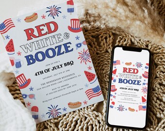 July 4th Invitation, Red White and Booze Party BBQ Invite, Printable Patriotic Invitation Template, Instant Download, Templett, #J4