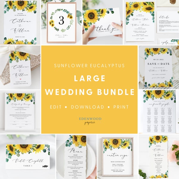 Sunflower Wedding Template Bundle, Eucalyptus Sunflower Wedding Invitation Set, Printable Wedding Suite Download, Sign Bundle Templett, #015