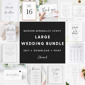 Minimalist Wedding Bundle, Modern Script Wedding Invitation Set, Wedding Template Bundle, Printable Wedding Suite Download, Templett, #016