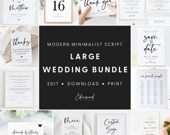 Minimalist Wedding Bundle, Modern Script Wedding Invitation Set, Wedding Template Bundle, Printable Wedding Suite Download, Templett, #016