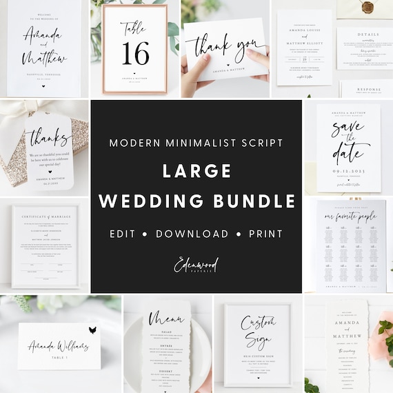 Minimalist Wedding Bundle, Modern Script Wedding Invitation Set, Wedding Template Bundle, Printable Wedding Suite Download, Templett, #016