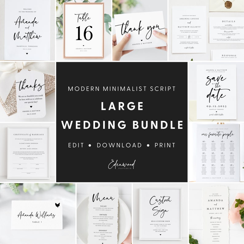 Puede incluir: Una colecci&oacute;n de plantillas de papeler&iacute;a de boda imprimibles en un estilo moderno minimalista. Las plantillas incluyen un cartel de bienvenida, una tarjeta de n&uacute;mero de mesa, una tarjeta de agradecimiento, una tarjeta de guardar la fecha, un plano de asientos, un men&uacute; y un cartel personalizado. Las plantillas son editables y se pueden descargar e imprimir.