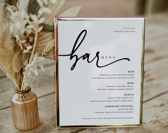 Wedding Bar Menu Sign, Printable Wedding Menu Sign Template, Minimalist Drink Menu Sign, Editable Alcohol Menu Sign Download, Templett, #016