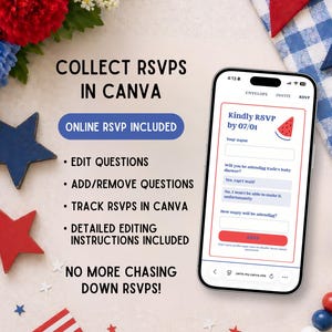 May include: A smartphone displays an online RSVP form with a watermelon graphic. Text on the screen reads "Kindly RSVP by 07/01." The image also includes text: "Collect RSVPs in Canva," "Online RSVP Included," and "No more chasing down RSVPs!"