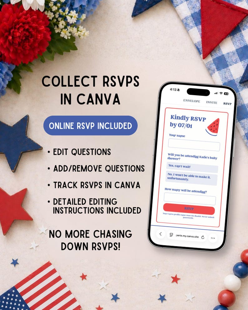 May include: A smartphone displays an online RSVP form with a watermelon graphic. Text on the screen reads "Kindly RSVP by 07/01." The image also includes text: "Collect RSVPs in Canva," "Online RSVP Included," and "No more chasing down RSVPs!"